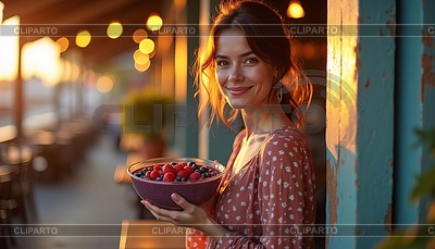 Женщина держит вазу со свежими ягодами и улыбается в | Иллюстрация большого размера |ID 7628595