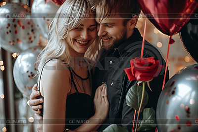 Happy couple holding red roses surrounded by | High resolution stock illustration |ID 7628624