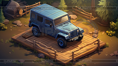 Gemütliche Campingszene mit Holzhütte, Jeep-Auto, | Illustration mit hoher Auflösung |ID 7629617