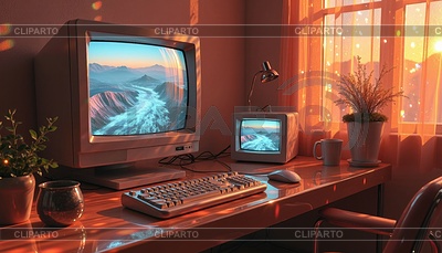 Escena de computadora retro con viejo monitor CRT, puesta de sol | Ilustración de alta resolución |ID 7629689