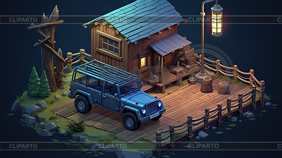 Gemütliche Campingszene mit Holzhütte, Jeep-Auto, | Illustration mit hoher Auflösung |ID 7631335
