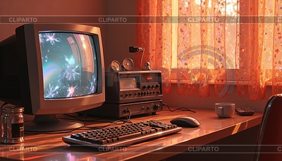 Escena de computadora retro con viejo monitor CRT, puesta de sol | Ilustración de alta resolución |ID 7632478