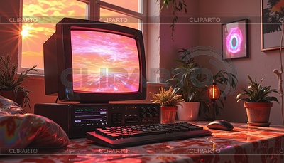 Escena de computadora retro con viejo monitor CRT, puesta de sol | Ilustración de alta resolución |ID 7632479