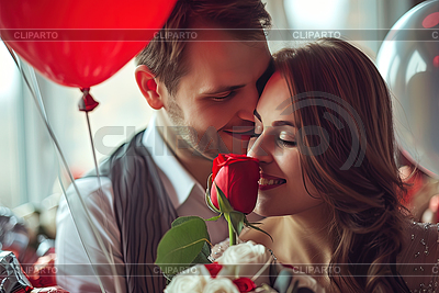 Happy couple holding red roses surrounded by | High resolution stock photo |ID 7632504