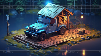 Acogedora escena de camping con cabina de madera, jeep car, | Ilustración de alta resolución |ID 7633527