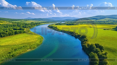 Aerial view of winding river through lush green | High resolution stock illustration |ID 7635238