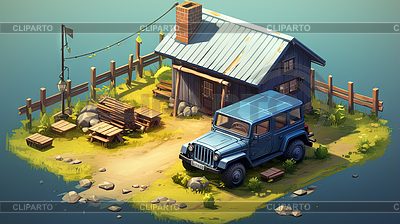 Acogedora escena de camping con cabina de madera, jeep car, | Ilustración de alta resolución |ID 7637048