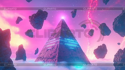 Pirámide futurista con luces de neón en synthwave | Ilustración de alta resolución |ID 7637102