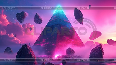 Pirámide futurista con luces de neón en synthwave | Ilustración de alta resolución |ID 7637873