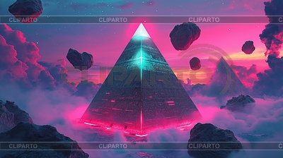 Pirámide futurista con luces de neón en synthwave | Ilustración de alta resolución |ID 7638000
