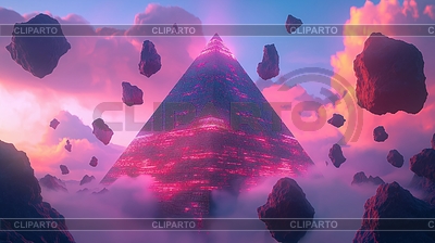 Pirámide futurista con luces de neón en synthwave | Ilustración de alta resolución |ID 7641771
