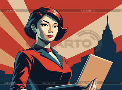 Poderosa mujer de negocios asiática con computadora portátil, en | Ilustración vectorial de stock |ID 7644064
