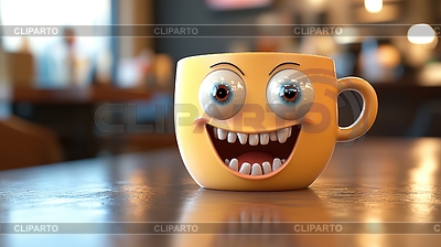 3D-Cartoon-Kaffeetasse mit übertriebenem verrücktem Gesicht, | Illustration mit hoher Auflösung |ID 7644146