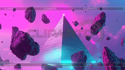Pirámide futurista con luces de neón en synthwave | Ilustración de alta resolución |ID 7645341