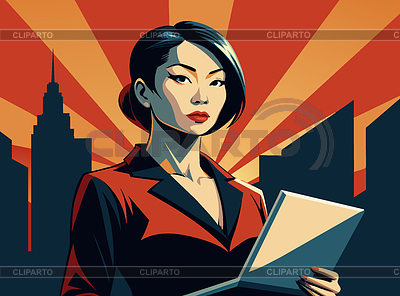 Poderosa mujer de negocios asiática con computadora portátil, en | Ilustración vectorial de stock |ID 7646443