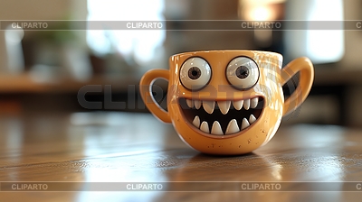3D-Cartoon-Kaffeetasse mit übertriebenem verrücktem Gesicht, | Illustration mit hoher Auflösung |ID 7647525