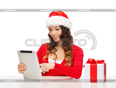 Женщина с подарочной коробке и Tablet PC компьютер | Фото большого размера |ID 4440668