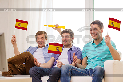 Happy male friends with flags and vuvuzela | High resolution stock photo |ID 4460198