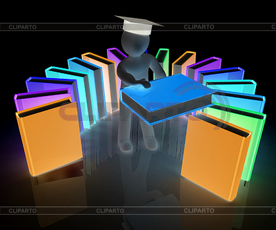 3d hombre blanco en el sombrero de la graduación con libros útiles - | Ilustración de alta resolución |ID 5343873