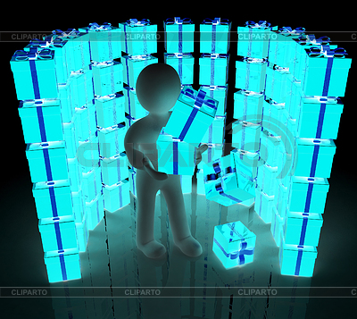 3D человек и красные подарки с золотой лентой | Иллюстрация большого размера |ID 5344139