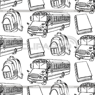 Sketch mochila, libros y transporte escolar | Ilustración vectorial de stock |ID 4415233