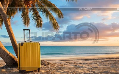 Gelber Koffer am Strand unter einer Palme, Sonnenuntergang, | Foto mit hoher Auflösung |ID 7585985