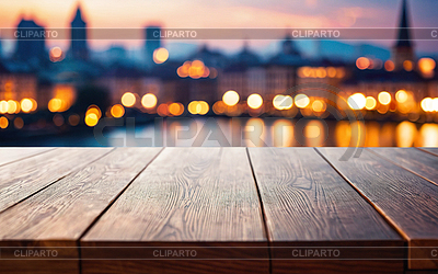 Empty wooden table mockup on bokeh city background | High resolution stock photo |ID 7592813