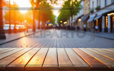 Wooden empty table mockup on blurred background of city | High resolution stock photo |ID 7592814