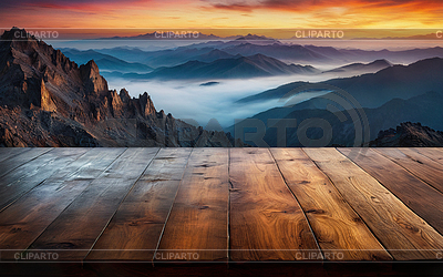 Empty wooden table closeup and rocks in the fog at suns | High resolution stock photo |ID 7592857