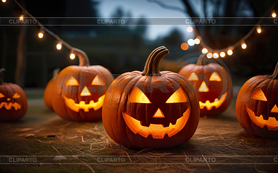 Glowing halloween pumpkins on blurred background, hallo | High resolution stock photo |ID 7604008