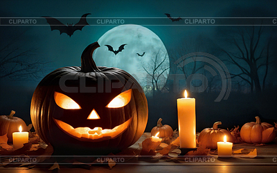 Glowing halloween pumpkin on wooden table with candles, | High resolution stock photo |ID 7604029