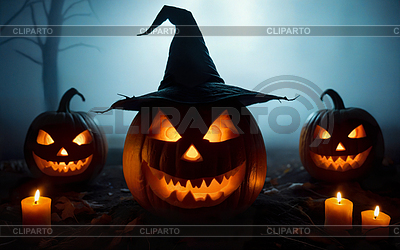 Glowing halloween pumpkin in witch hat, halloween conce | High resolution stock photo |ID 7604049