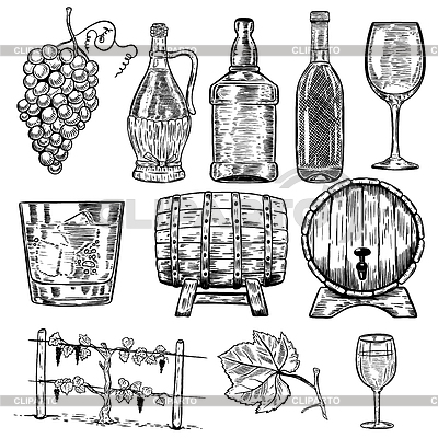 Vino. Conjunto de botellas de vino, uva, vidrio, madera | Ilustración vectorial de stock |ID 7130014