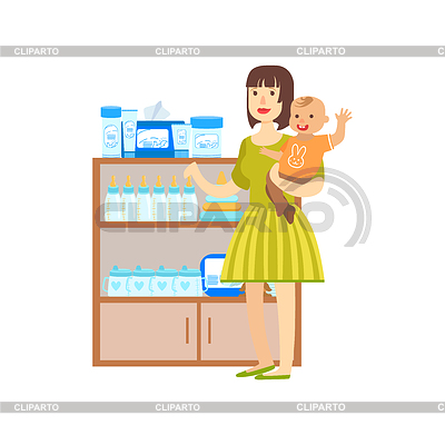 Mujer con el bebé de compras en alimentos para bebés, Compras | Ilustración vectorial de stock |ID 6088446