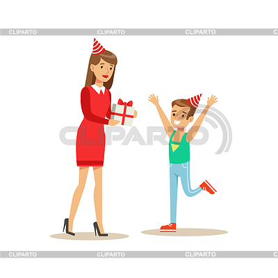 Mujer que da el niño presente, fiesta de cumpleaños de los niños | Ilustración vectorial de stock |ID 6143632
