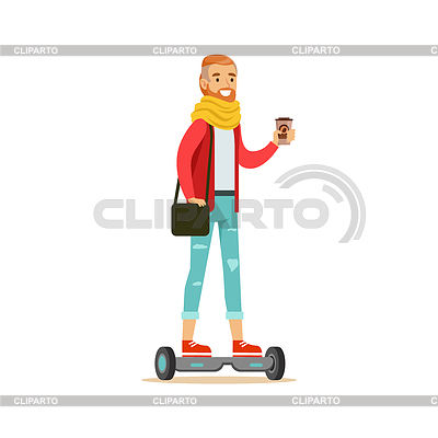 Hipster With Coffee Paper Cup Riding Electric | Stock Vector Graphics |ID 6164727