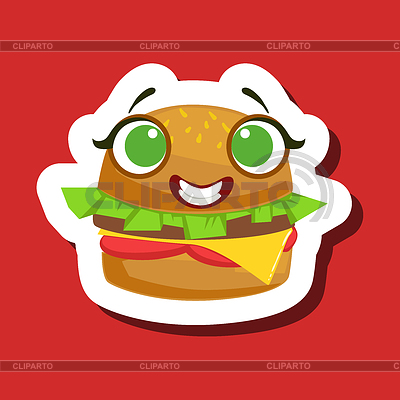 Smiling Burger Sandwich, Cute Emoji Sticker On Red | Stock Vector Graphics |ID 6169461