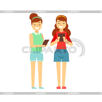 Dos muchachas tooking en sus tabletas Permanente, | Ilustración vectorial de stock |ID 6177540
