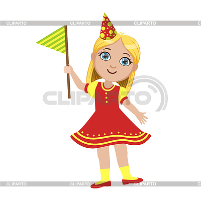 Chica de vestido rojo con la bandera, Parte de Niños En | Ilustración vectorial de stock |ID 6239427