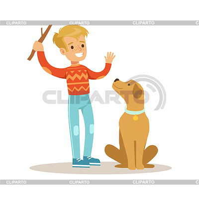 Niño sonriente lindo que juega con su perro. Vistoso | Ilustración vectorial de stock |ID 6284969