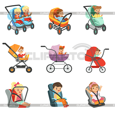 Conjunto de carro de bebé. Diferentes tipos de niños | Ilustración vectorial de stock |ID 6296663