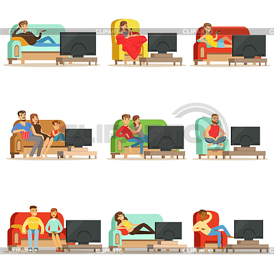 Feliz personas viendo la televisión sentado en el sofá a | Ilustración vectorial de stock |ID 6297680