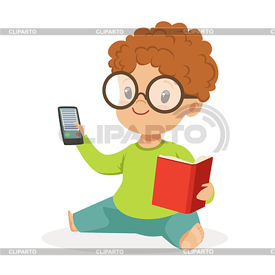 Lindo niño pequeño con gafas sentado en el piso de un | Ilustración vectorial de stock |ID 6325336