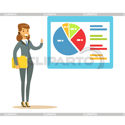 Sonriente mujer en auriculares apuntando a gráfico en | Ilustración vectorial de stock |ID 6334312
