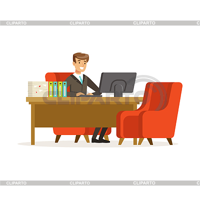 Улыбается бизнесмен, работающих с компьютером на его | Векторный клипарт |ID 6341491