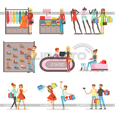 La gente que compra y que compra la ropa y los zapatos fijados, | Ilustración vectorial de stock |ID 6348470