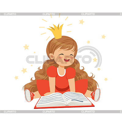 Hermosa niña en la lectura de corona y vestido rojo | Ilustración vectorial de stock |ID 6361832