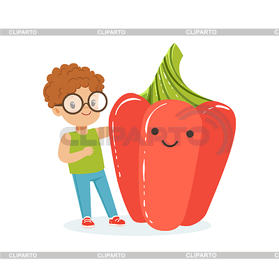 Muchacho feliz que se divierte con fresco dulce sonriente del rojo | Ilustración vectorial de stock |ID 6366935