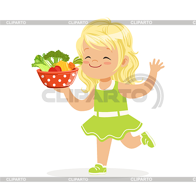 Dulce niña rubia corriendo con un tazón lleno de | Ilustración vectorial de stock |ID 6393580