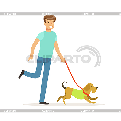 Joven sonriente hombre caminar perro | Ilustración vectorial de stock |ID 6398986